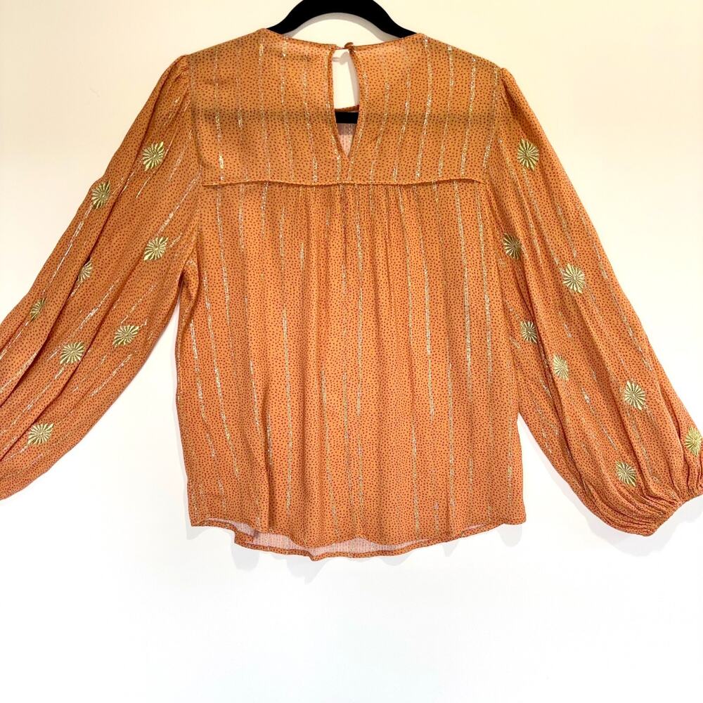 Maria Filo Brazil Peasant Blouse Metallic Thread Sheer Boho Gold Orange Womens M - Picture 6 of 9